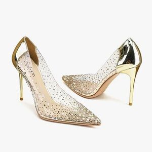 W’s 10, 4” Stilettos, Transparent PVC Gold Crystal Rhinestones, Comfort Insole